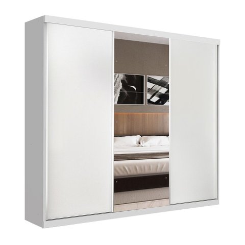 Guarda Roupa Casal 3 Portas de Correr 4 Gavetas e 3 Espelhos Barcelona -Mt- Rei de Casa Branco
