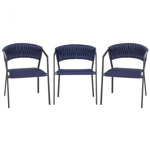 3 Cadeiras Atenas Tricô Náutico e Alumínio Proteção Uv Janta Azul