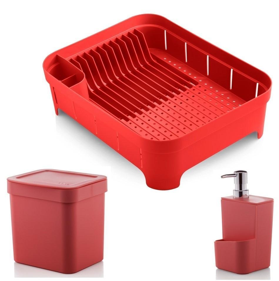 Kit Escorredor Louça Lixeira 2,5L Dispenser Ou - Vermelho - 1