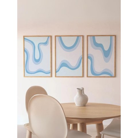 Kit 3 Quadros Decorativos Linhas Wave Azul Moderno Minimalista