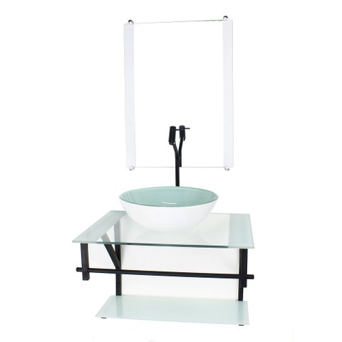 GABINETE DE VIDRO PARA BANHEIRO 60CM AP CUBA REDONDA BRANCO COM TORNEIRA PRETA