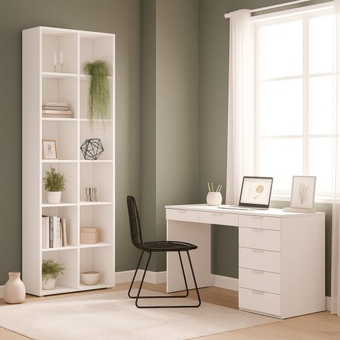 Conjunto 2 Peças Escrivaninha 120 cm 7 Gavetas com Estante Multiuso 12 Nichos Caracol Branco