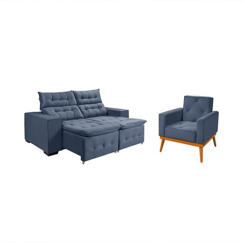 Kit Sofá Bari Retrátil Reclinável 1,90m Pillow + Poltrona Florença Espuma Premium - Denin Veludo
