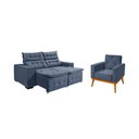 Ver imagem 1 de Kit Sofá Bari Retrátil Reclinável 1,90m Pillow + Poltrona Florença Espuma Premium - Denin Veludo