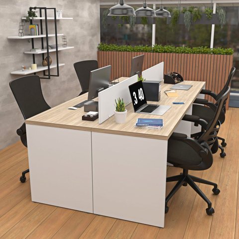 Estação de Trabalho Mesa Plataforma Escritório 1200x600 4 Lugares Branco/Carvalho