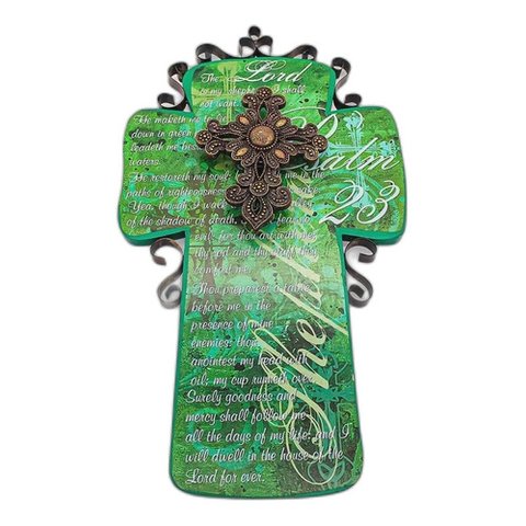 Cruz Salmo 23 Poliresina Verde Detalhes Metal 36x20
