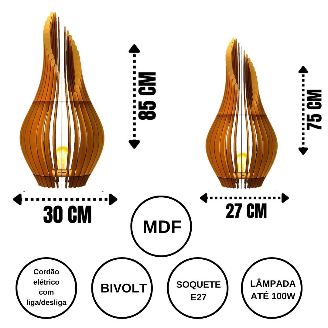 Abajur Grande de Chão ANDROMEDA MDF Luminária -:Marrom/Kit com 2 - 70x25cm e 85x30cm - 3