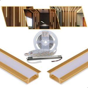 Perfil Led Embutir Gold 24x7mm 2m + Fita Nordecor Ip65 + Fonte 6a | Vellar | Iluminação Moderna Resi