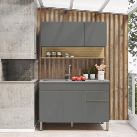 Kit Balcão de Pia sem Tampo e Aereo 120 Cm 6 Portas 1 Gaveta Line - Gris/gris/cp-freijó