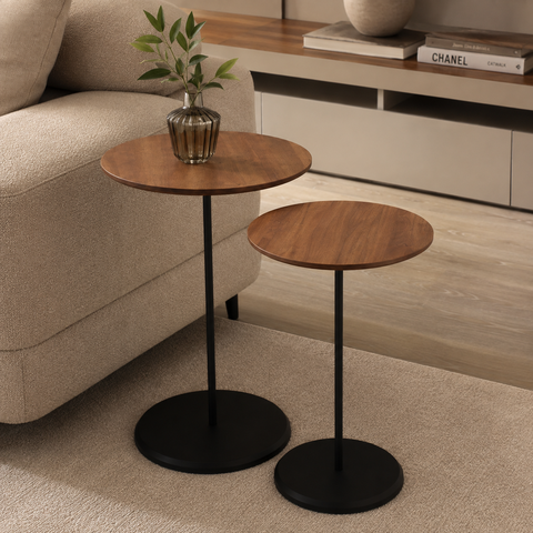 Kit 2 Mesas de Apoio Lateral em Madeira para Sala e Sofá Estilo Industrial Dois Tamanhos