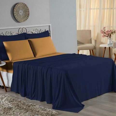Jogo de Cama Casal Viúva Nobre 4 Peças Malha 100% Algodão - Azul-marinho / Cobre