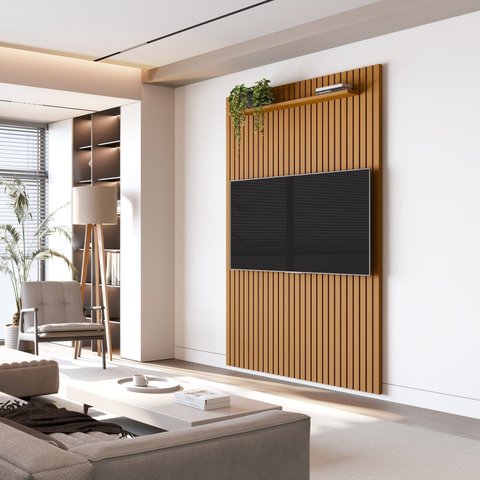 Painel Ripado para TV até 55 Polegadas 100% MDF 138,6cmx240cm Arbo Marrom Cedro
