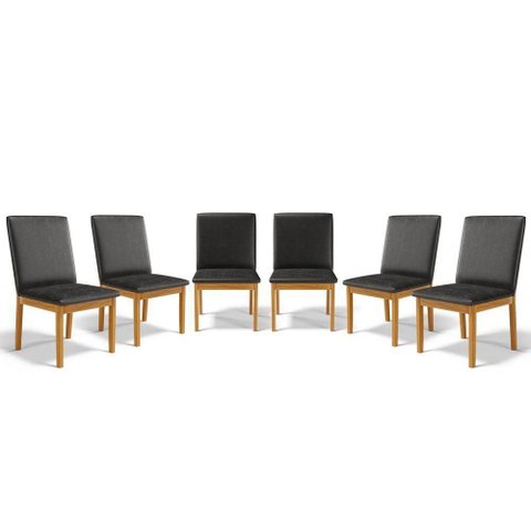 Kit com 6 Cadeiras Daniela Madeira Maciça Estofada para Mesa de Jantar Courino Preto 503
