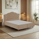 Ver imagem 1 de Kit Cama Box Queen + Cabeceira Estofada em Madeira Maciça Curva Provençal com Capitonê Bege/Dourado