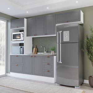 Cozinha Pérola com Rodapé Completa 4 Peças Torre Quente Aéreo 3 Portas e Balcão 2 Gavetas 3 Portas