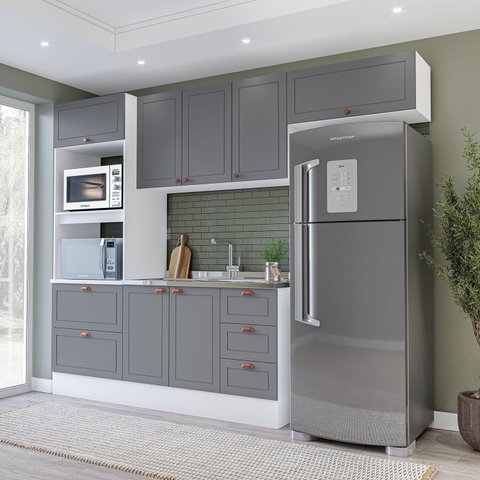 Cozinha Pérola com Rodapé Completa 4 Peças Torre Quente Aéreo 3 Portas e Balcão 2 Gavetas 3 Portas