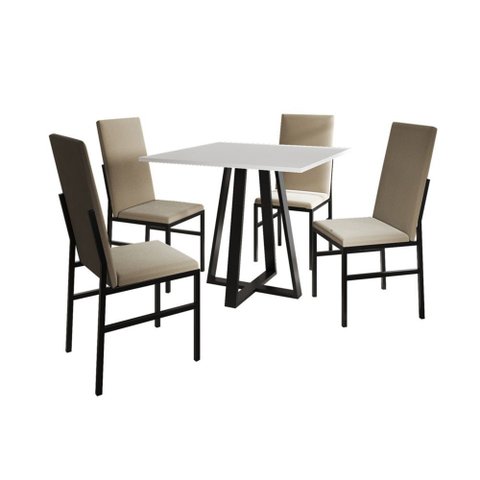 Conjunto de Jantar Mônaco Premium Mesa 90cm com 4 Cadeiras Estofadas para Cozinha - Branco/bege