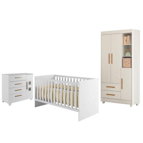 Guarda Roupa Flocos com Cômoda Fly e Berço Nacional Life 2186 Branco Acetinado - Tigus