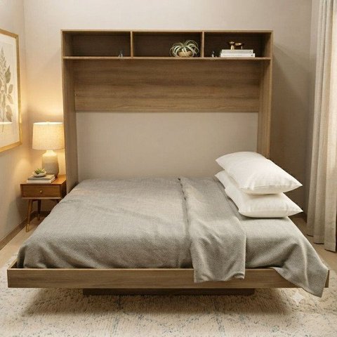 Cama Articulada Casal Horizontal com Nichos e Prateleiras CM8043 Marrom/Amendoa