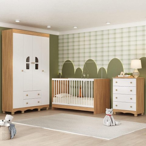 Quarto de Bebê Completo com Berço 3 em 1 para Colchão 130x60cm Aurora Multimóveis Mp4556