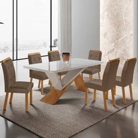 Mesa de Jantar Yasmin 180cm Tampo Mdf Vidro Canto Copo com 6 Cadeiras Carol