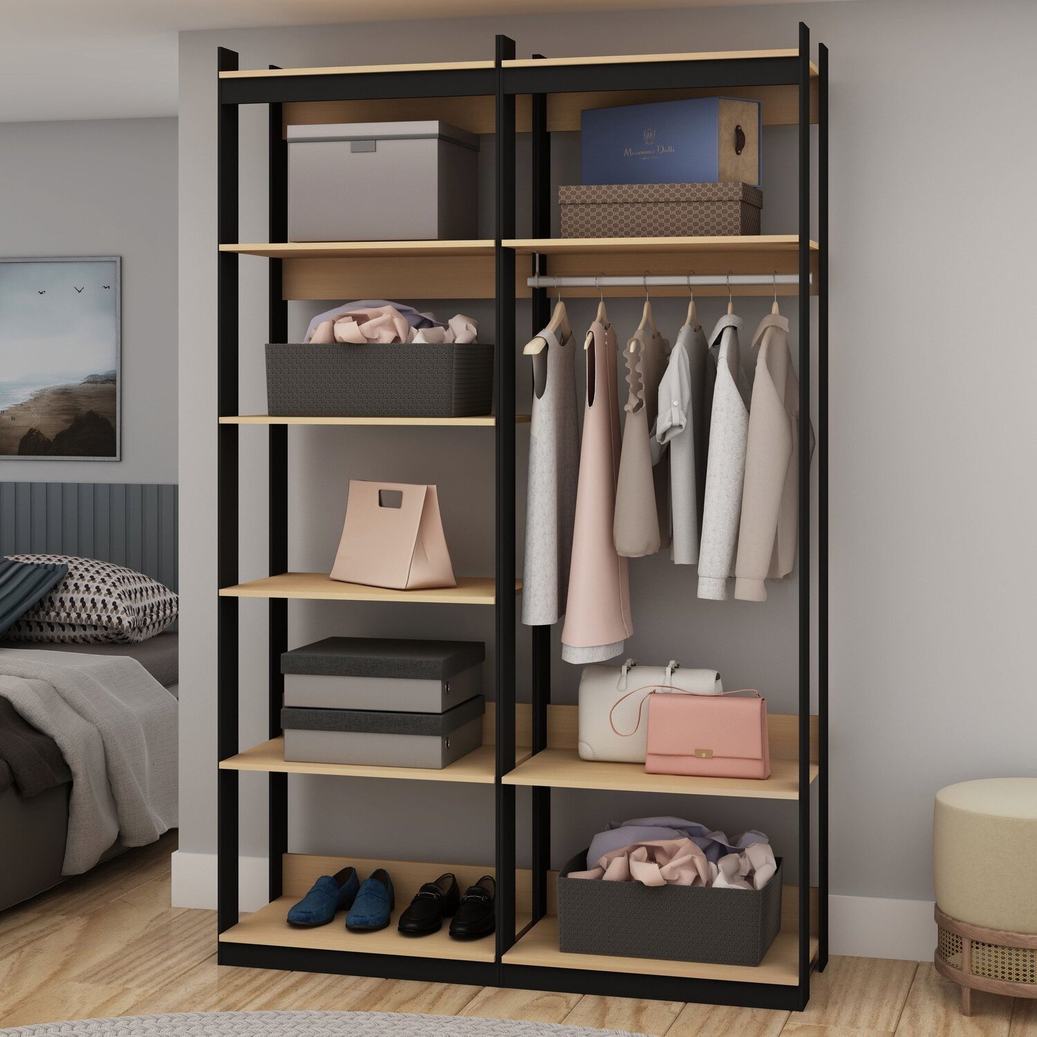 Closet Wood Preto Organização Elegante com Módulo Cabideiro e Prateleira