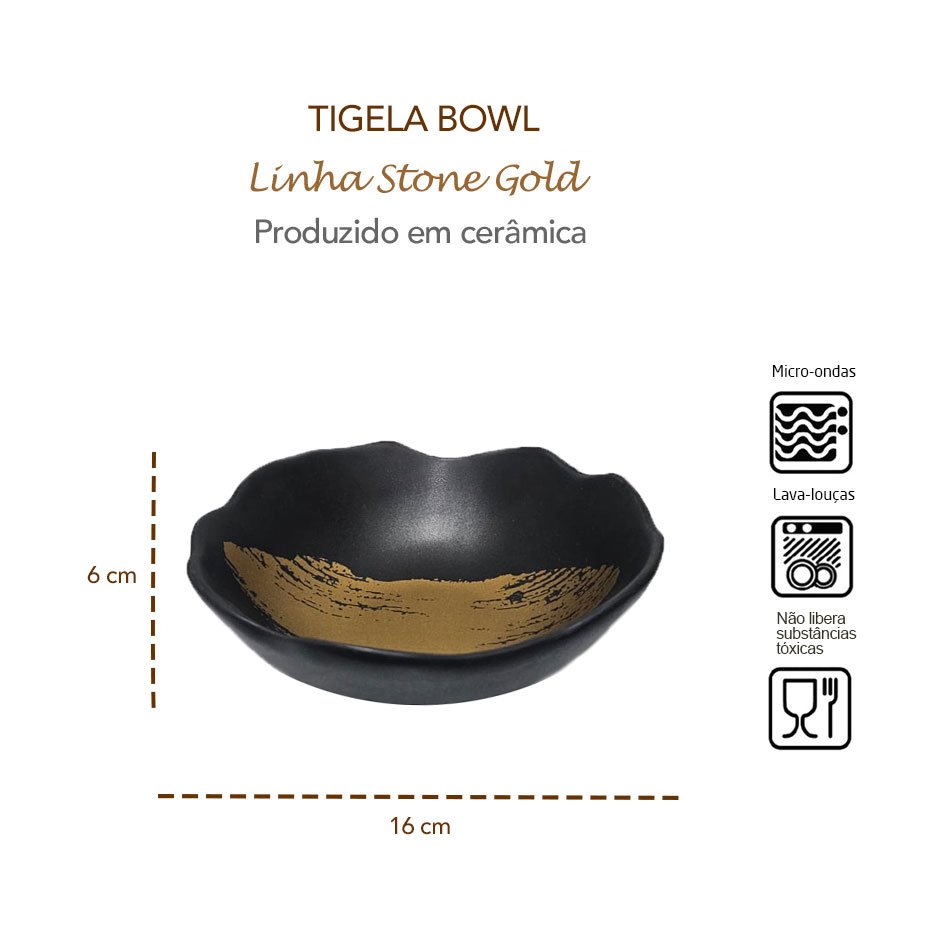 Tigela Bowl Preto Dourado Ceramica Fosco Stone Gold 2un - 3