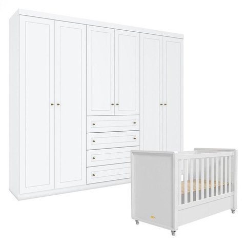 Berço Tutto New e Guarda Roupa Americano Ambiente 6 Portas Branco Fosco - Matic
