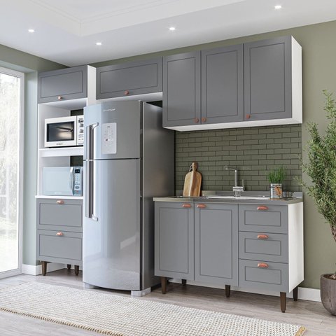 Cozinha Pérola Completa Modulada 4 Peças Torre Quente Basculante Aéreo 3 Portas e Balcão 2 Gavetas 3 Portas Yescasa Cinza/Branco