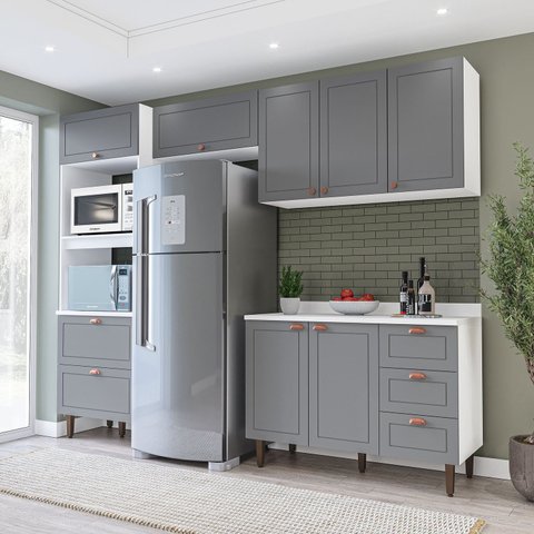 Cozinha Pérola 4 Peças Torre Quente Basculante Aéreo 3 Portas e Balcão 2 Gavetas 3 Portas com Tampo