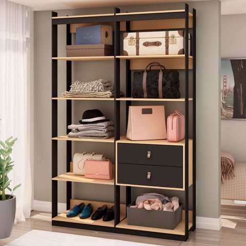 Closet Wood Preto Organização Elegante com Módulo Cabideiro, Prateleira e Gaveta