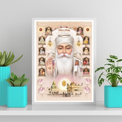 Quadro Guru Nanak Dev ji 24x18cm - com vidro:Madeira branca