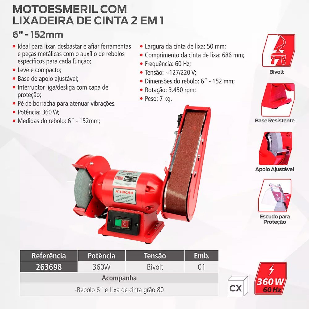 Moto Esmeril e Lixadeira Cinta WORKER 6" 152mm 360w 3450rpm 263698 | 2 em 1 Bivolt - 2