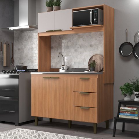Cozinha Compacta Sofia 4 Portas e 3 Gavetas Marrom/Freijó