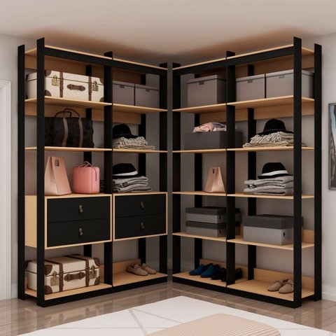 Closet Wood Preto Organização Elegante com Módulo Prateleira e Gaveta Freijo