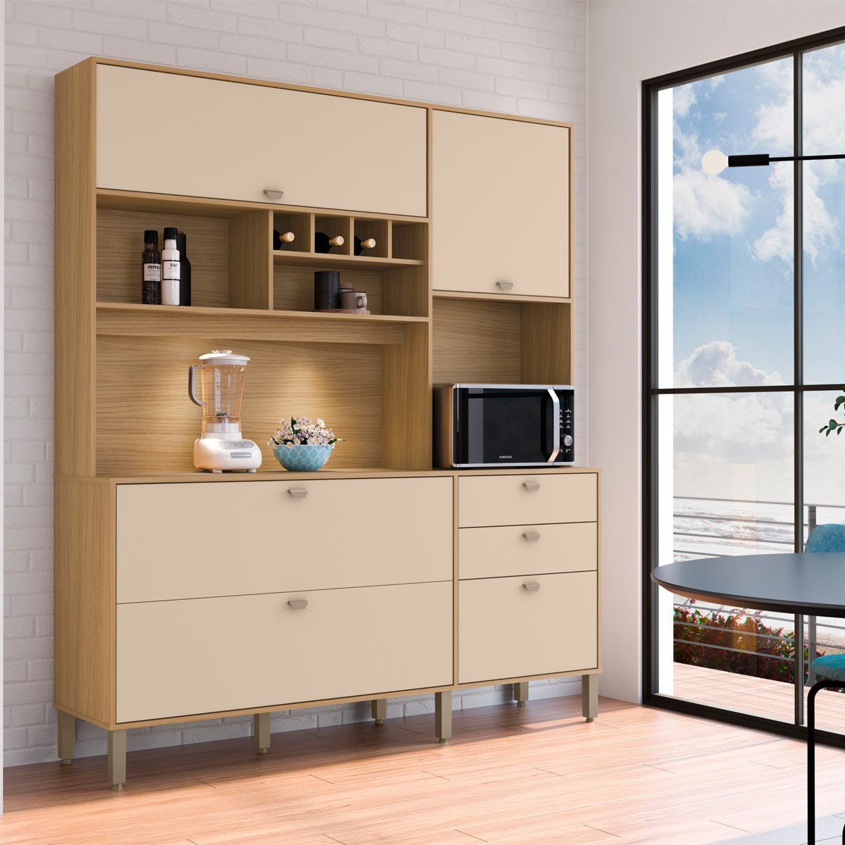 Cozinha Prática Com 5 Portas e 2 Gavetas Com Led Cecilia Cor Carvalho Americano Off White Clique Chi - 2