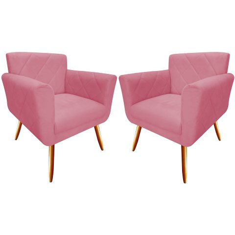 Kit 2 Poltronas Decorativa Sabrina Suede Rosa Pés Madeira Mz Decor