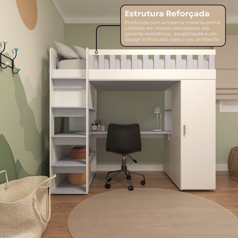 Cama Solteiro Alta Sky com Escrivaninha, Armários e Gavetas