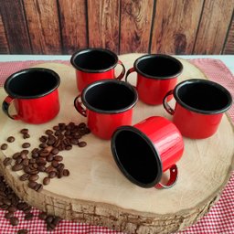 Jogo 6 Canecas Esmaltadas Pequenas Vermelhas Com Alças 90ml Xícaras Ágata Para Café - 7
