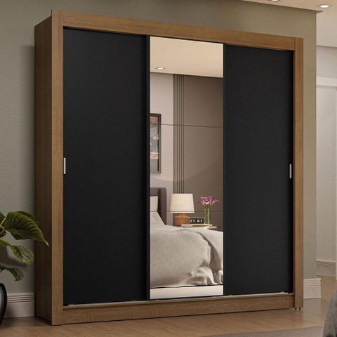 Guarda-roupa Casal 3 Portas de Correr com Espelho 4 Gavetas Rustic/preto Sublime Plus Madesa Rustic/