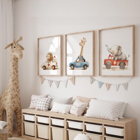 Kit 3 Quadros Decorativos Infantil - Safari Motorista NO2 - 30x40 - Moldura Madeira