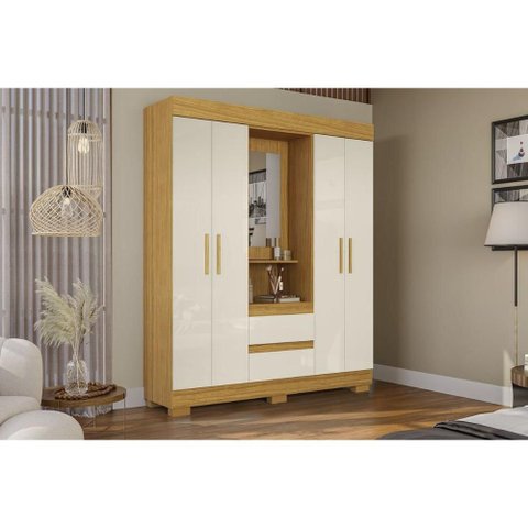 Guarda Roupa Solteiro 4 Portas e 2 Gavetas C/ 1 Espelho Isabely Nature/off White - Acp
