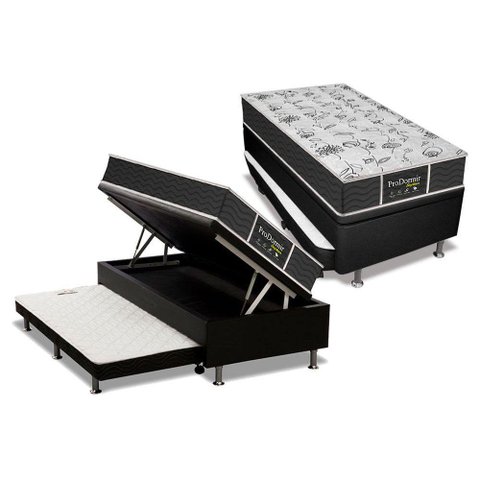 Cama Box Baú c/Auxiliar Solteiro: Colchão Molas Probel Prolastic ProDormir Sleep Black + Base CRC