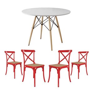 Jogo de Mesa Eiffel Redondo Tampo de Madeira 110cm Branco com 4 Cadeiras Katrina Vermelhao Be