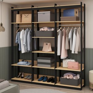Guarda Roupas Closet Wood Organização Elegante com Módulo Cabideiro e Prateleira