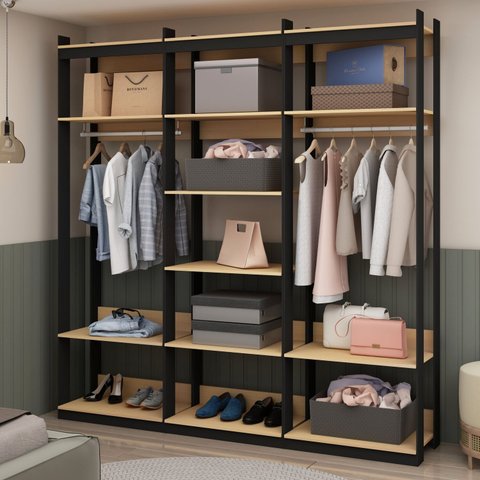 Guarda Roupas Closet Wood Organização Elegante com Módulo Cabideiro e Prateleira