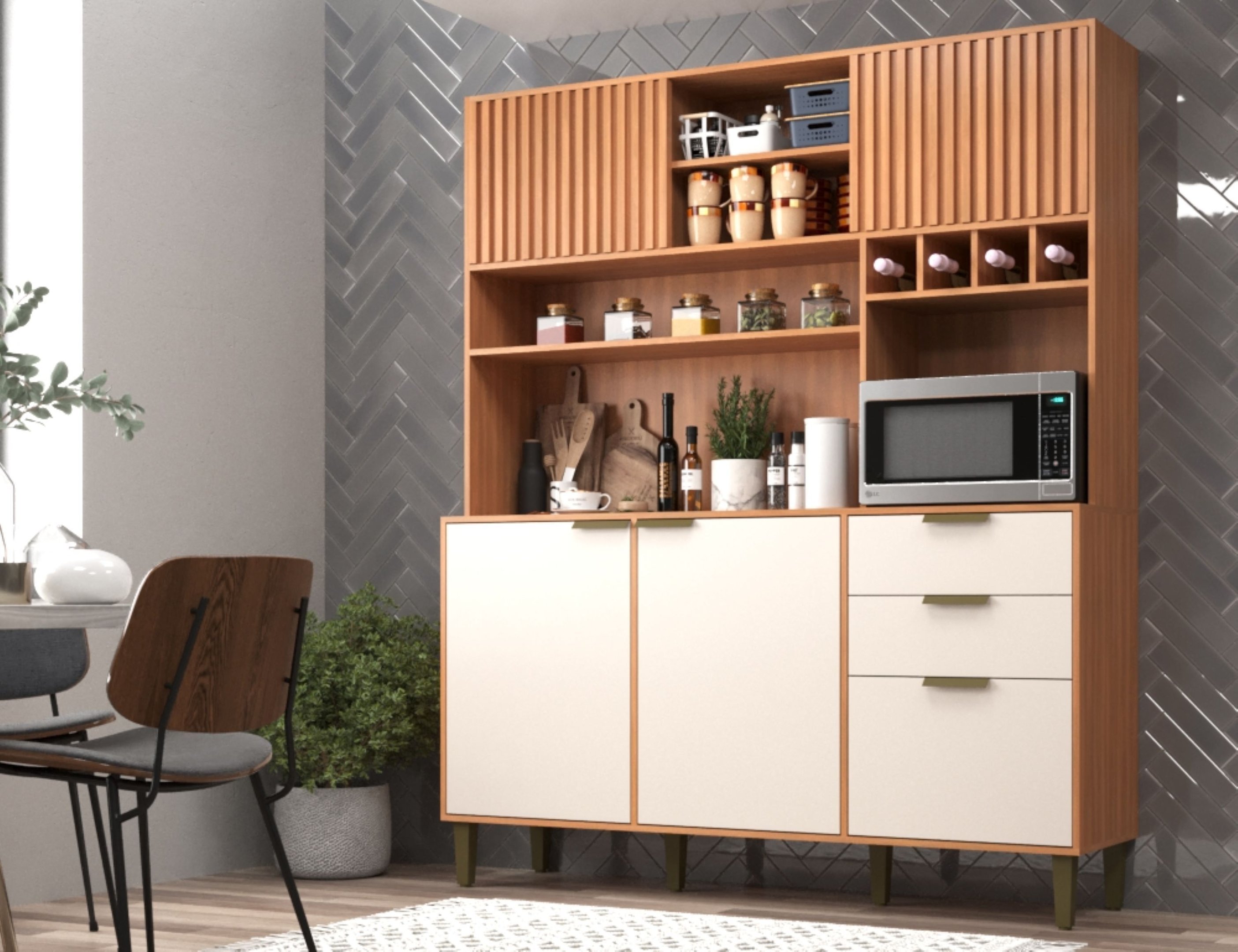 Cozinha Compacta com Porta Ripada 2 Gavetas Melissa Marrom/Freijó