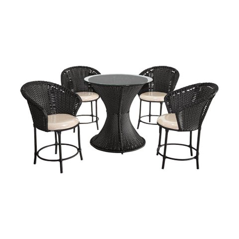 Conjunto Área Externa Mesa Redonda 80cm e 4 Cadeiras em Aço e Junco Tabaco Tucumã Plus Assento Bege