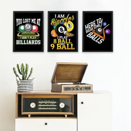 Kit 3 Quadros Decorativos Sinuca Bilhar 45x34cm - com Vidro:madeira Branca - 2