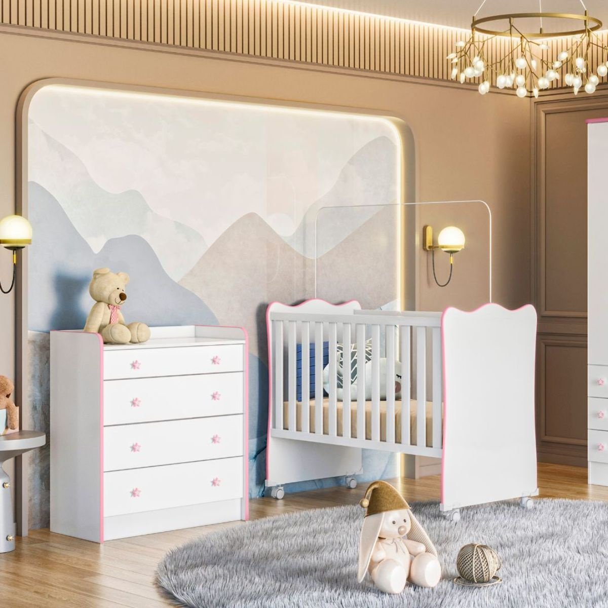 Conjunto de Berço Bebê e Cômoda com Trocador Aurora:branco Rosa ...